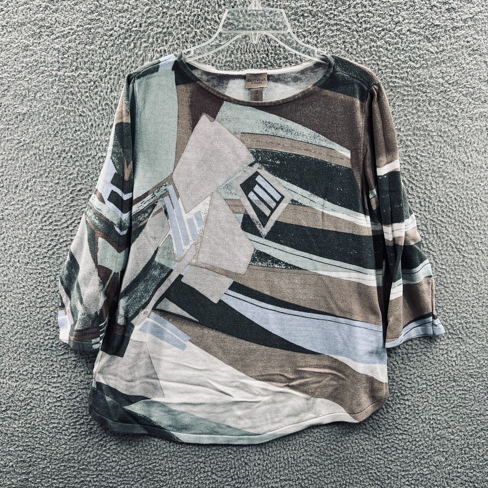 Chicos Women Top 2 Large Gray Tan Abstract 3/4 Sleeve Artsy Casual Cozy Capsule